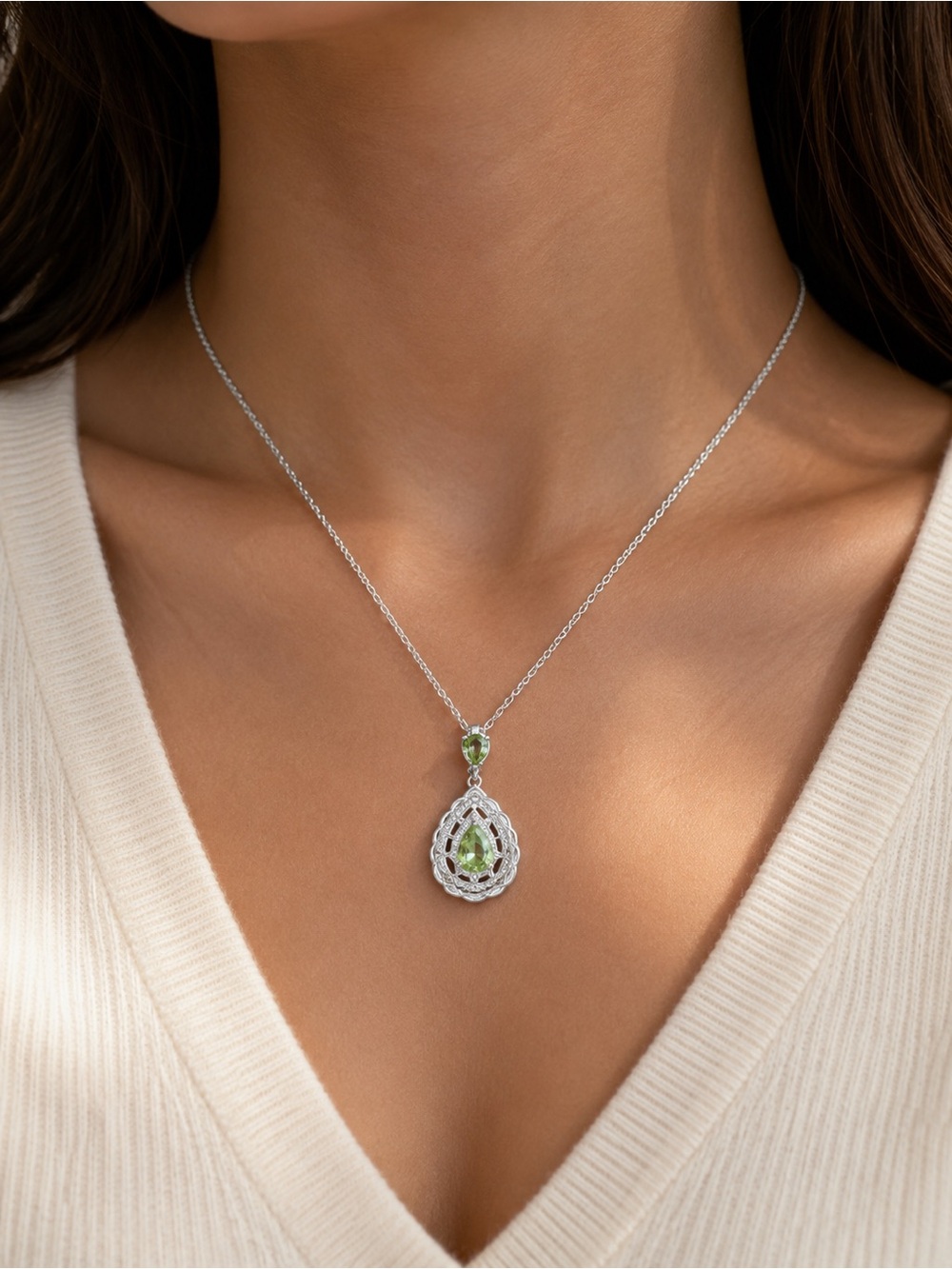925 Green Teardrop Pendant Necklace with Silver Accents